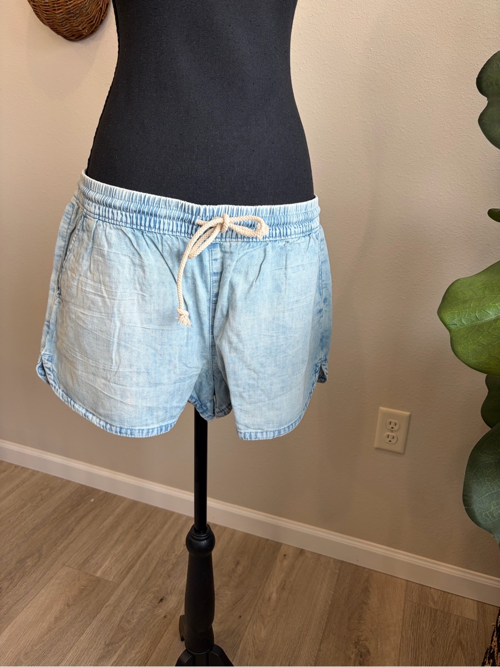 aerie Light Wash Denim-Style Drawstring Shorts